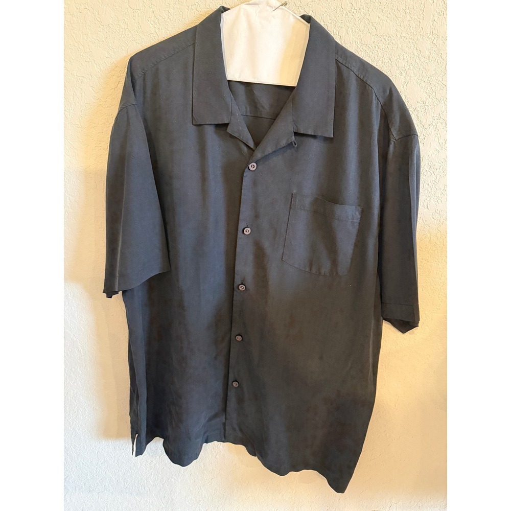 Tommy Bahama Mens XL‎ Black 100% Silk Jacquard Short Sleeve Camp Shirt